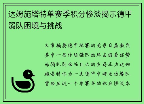 达姆施塔特单赛季积分惨淡揭示德甲弱队困境与挑战 达姆施塔特单赛季积分惨淡揭示德甲弱队困境与挑战